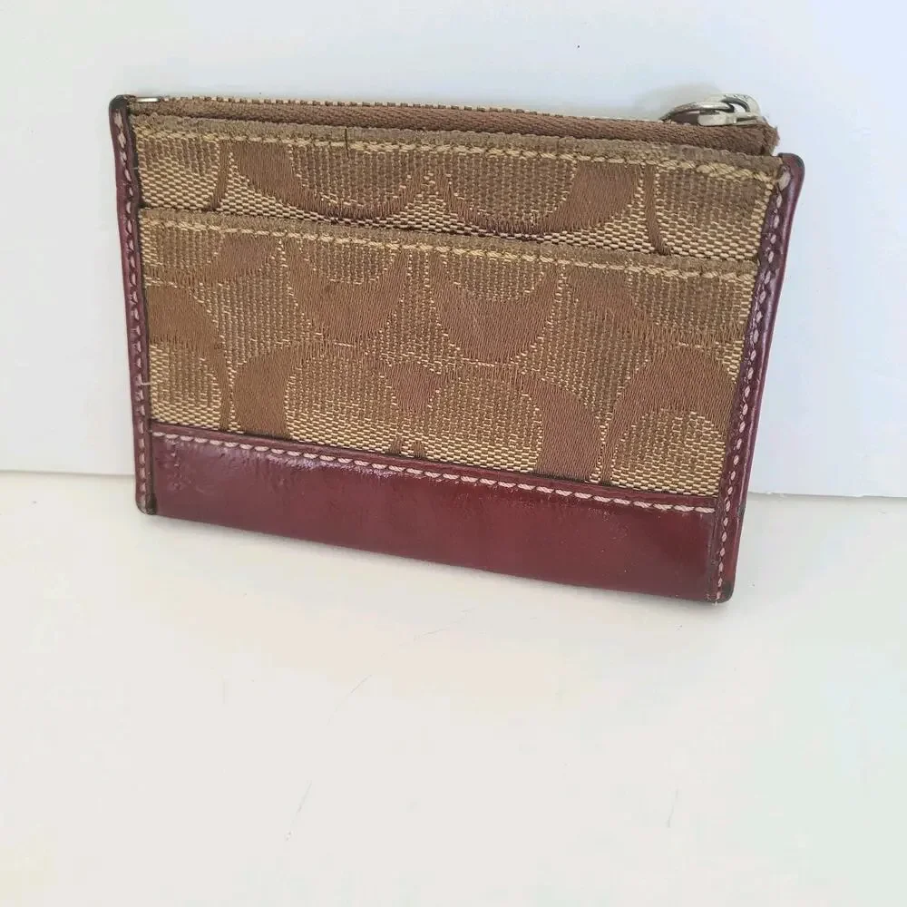 COACH‎ Skinny Key Card Case Small Wallet Canvas Leather Zip Beige Logo Fair